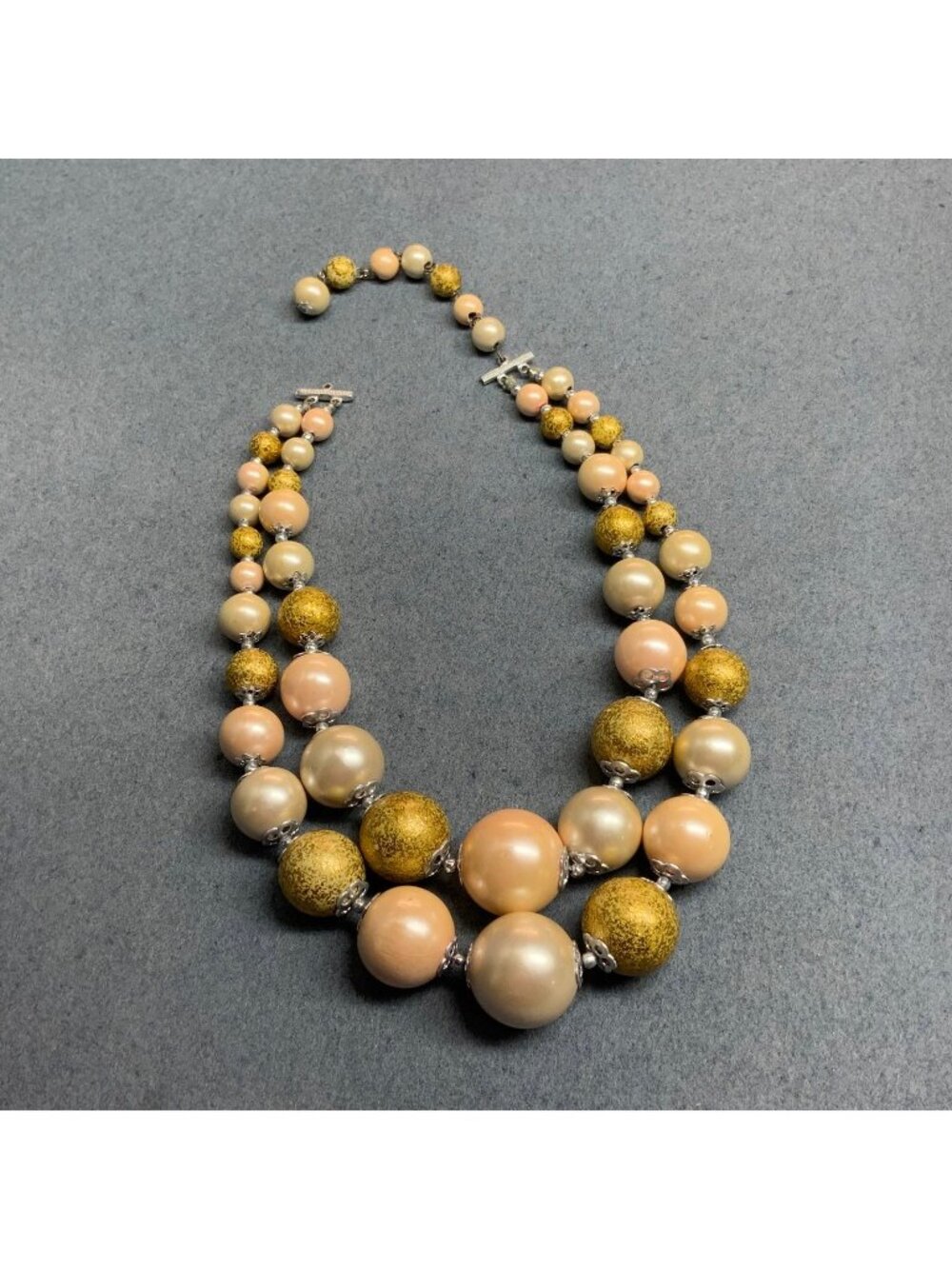 Vintage Double Strand Necklace 13 In As Is Beige Peach Gold Silver Beads